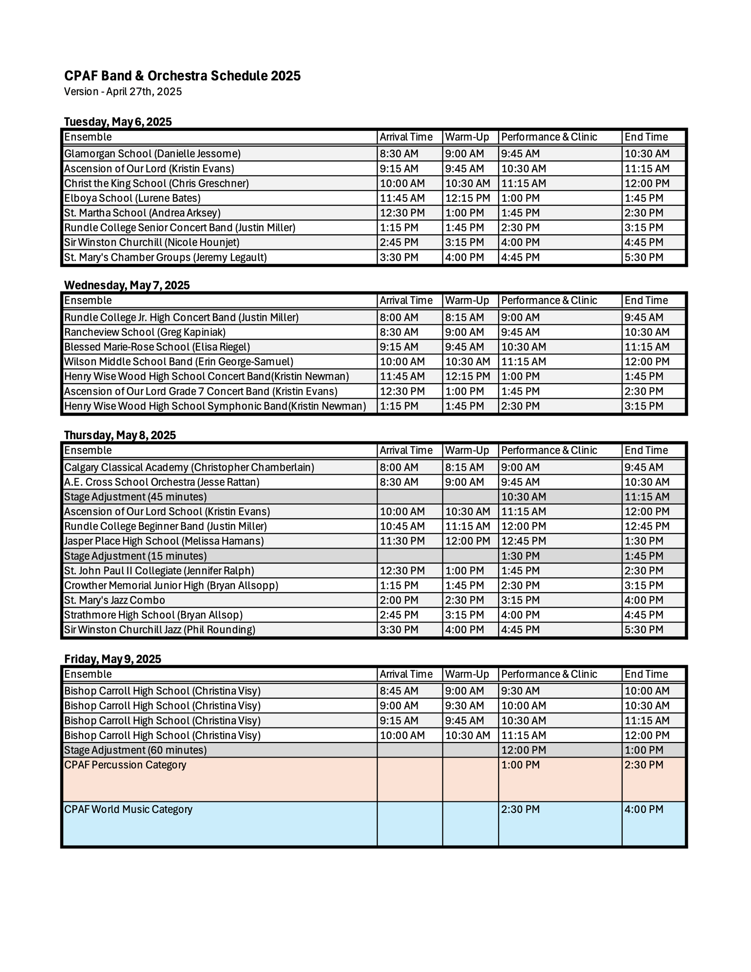 April 27. Band and Orchestra Schedule-1.xlsx